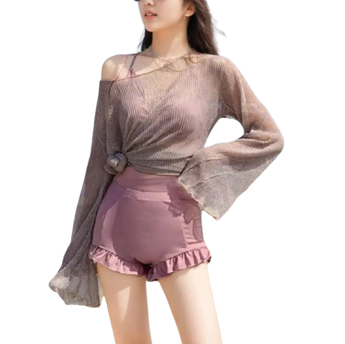 Maillot de Bain 3PC Shorty à Volant avec Top en Maille – Image 2